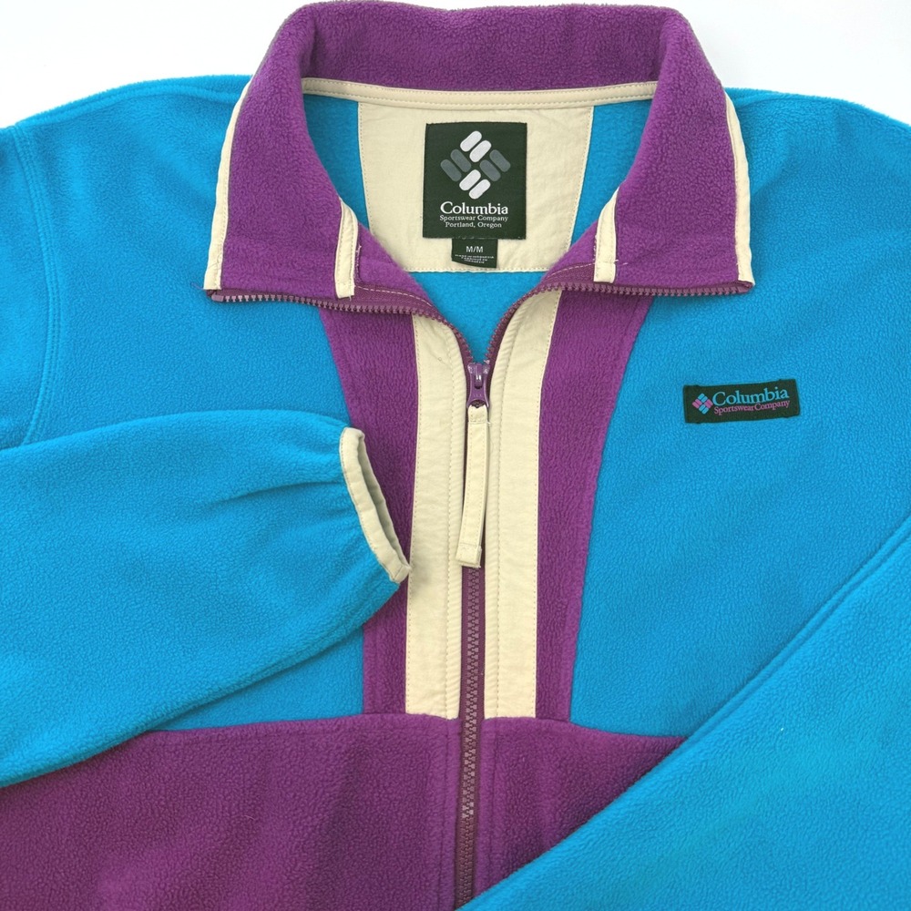 Columbia Back Bowl‎ Mens Medium Full Zip Colorblock Fleece Jacket Teal Purple